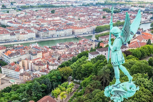 Aerial view of Lyon from the top of Notre Dame de Fourviere
