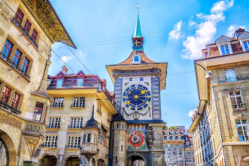 Astronomical clock on the medieval Zytglogge clock tower in Kramgasse street in Old City centre of Bern, Switzerland.