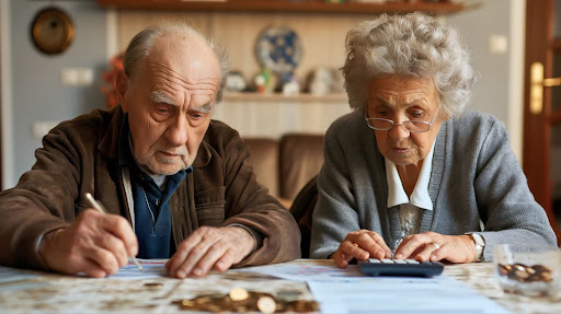 An elderly couple working out the cost of living