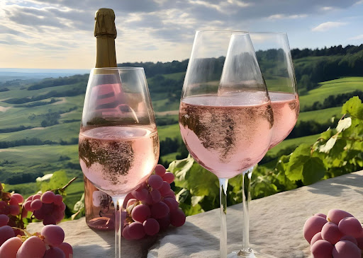 Tasting of premier cru sparkling rose wine with bubbles champagne outdoor with view