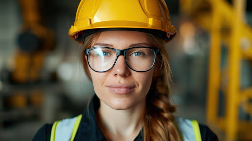 A woman wears safety gear while confidently posing in an industrial workspace